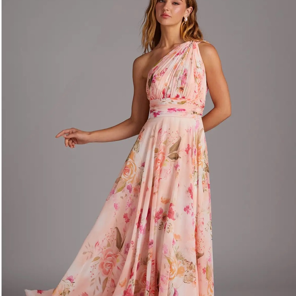 Azazie One-Shoulder Floral Maxi Dress in Blush and Pink